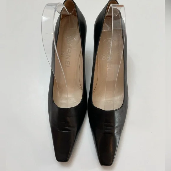 Chanel Black Leather Square Toe Kitten Heels Logo Vintage Size 7 - Picture 8 of 11